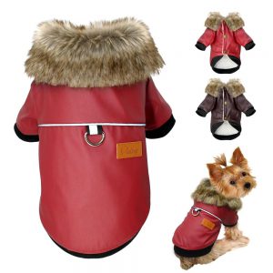 Waterproof Dog Leather Coat Winter Jacket With Fur Collar